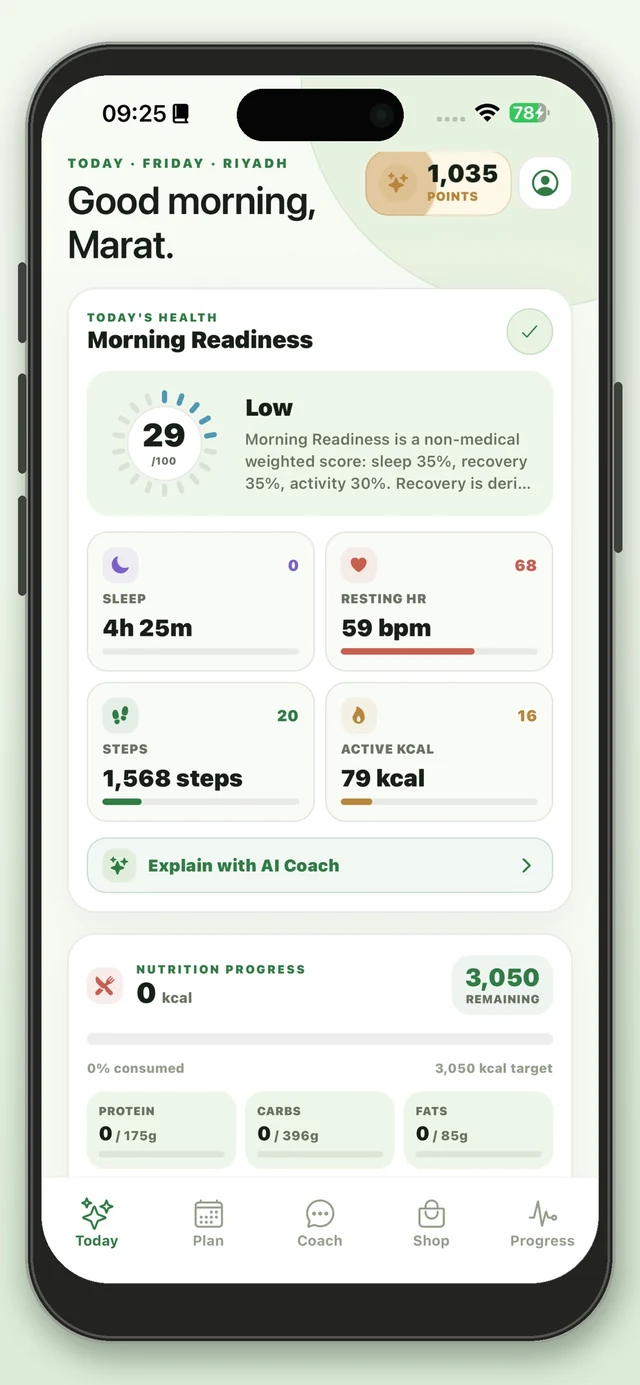 Healthy Nation daily overview with activity, sleep and nutrition progress